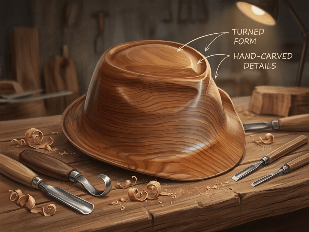 Wooden hat with turned form and hand-carved details on workshop table